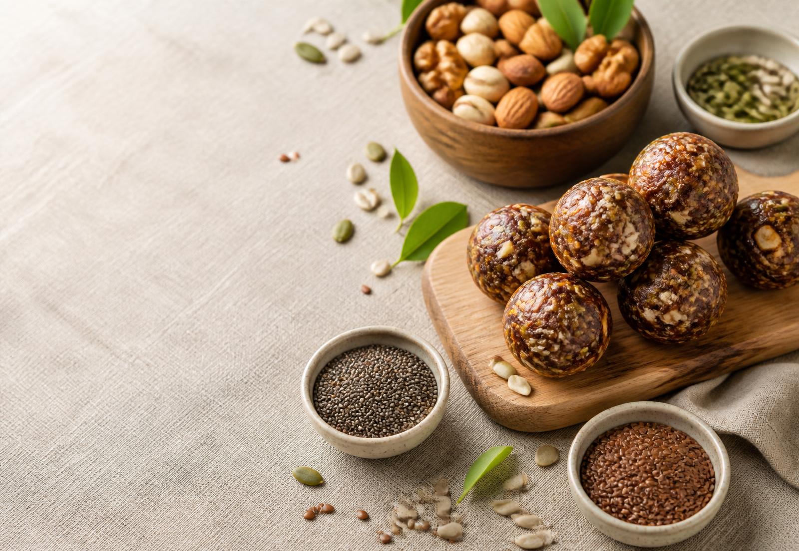 Farmano healthy snacks, date bites, chia and flax seeds arranged on linen